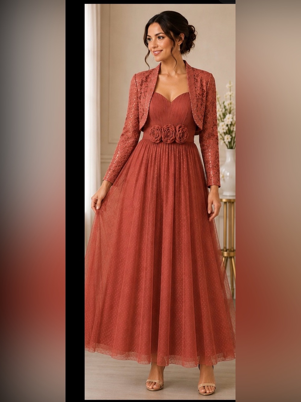 Avanti Rust Maxi Gown with Floral Waist Detail
